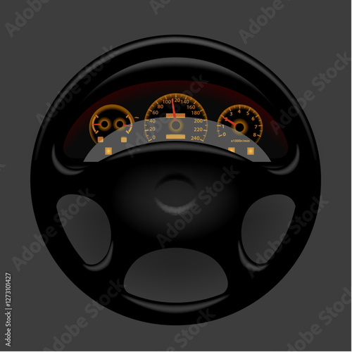 A square icon of a black car steering wheel and a glowing control panel on a dark gray background. Vector illustration in 3d style.