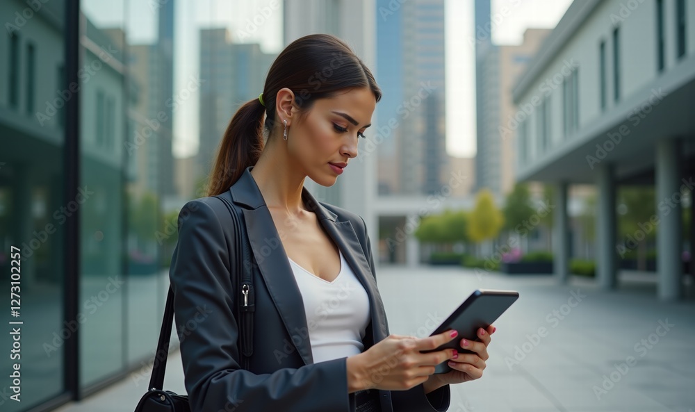 A professional woman in a suit uses a tablet in an urban setting, embodying modern business, technology, and elegance in her daily routine. A professional woman in a suit uses a tablet in an urban setting, embodying modern business, technology, and elegance in her daily routine.
