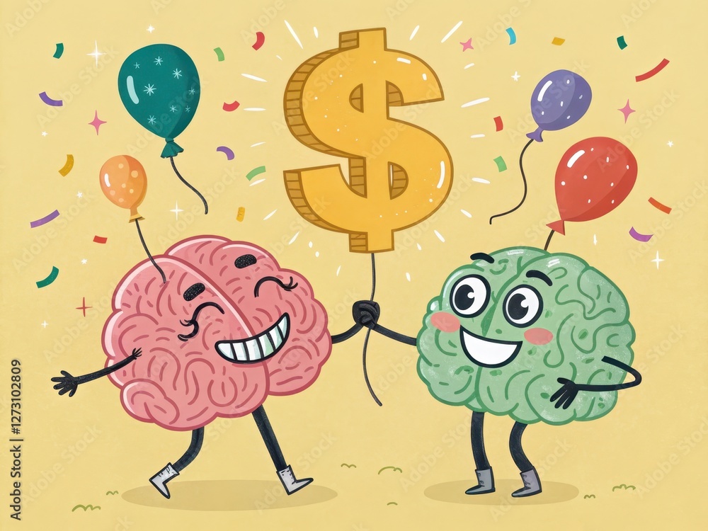 Fototapeta premium Cartoon Brains Celebrating Financial Success with Dollar Sign Balloon