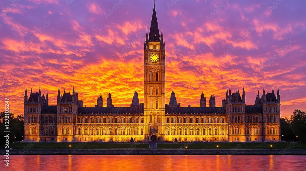 Naklejka premium Parliament Buildings at Sunset over Ottawa River