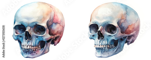 Watercolor skull illustration, artistic anatomy study, colorful design, medical education resource, artistic decoration.