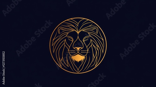 Golden lion head emblem, dark background, logo design photo