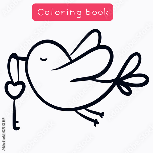 Coloring book for children, coloring page with bird with heart shaped key, vector illustration available for printing