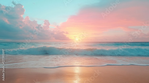 Fototapeta Naklejka Na Ścianę i Meble -  Pastel sunset beach scene; tranquil waves; soft clouds; idyllic vacation