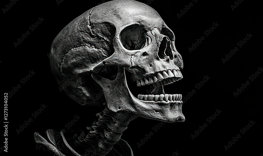 Obraz premium Detailed Human Skull with Open Jaw on Black Background
