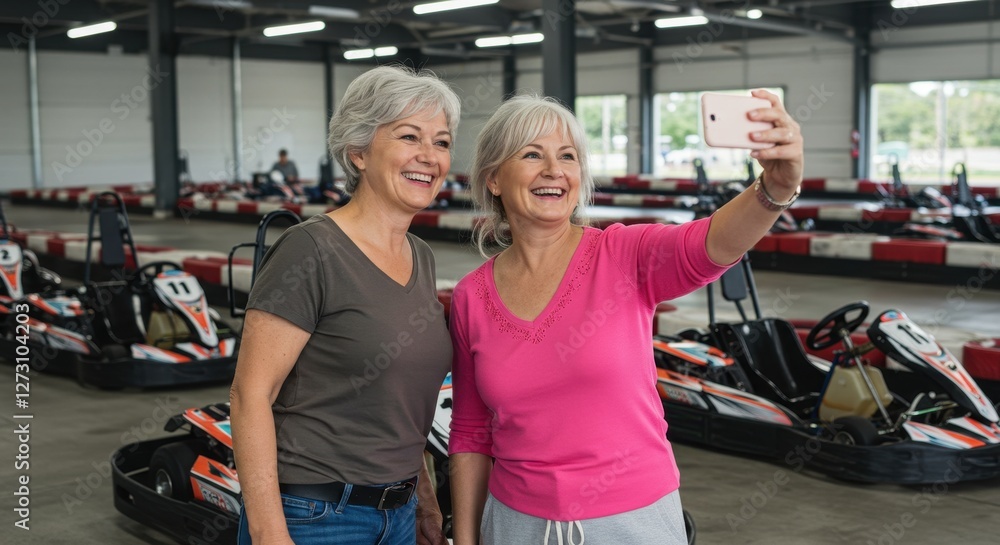 Obraz premium Two women with short gray hair smile brightly as they take a selfie together at a go-kart track