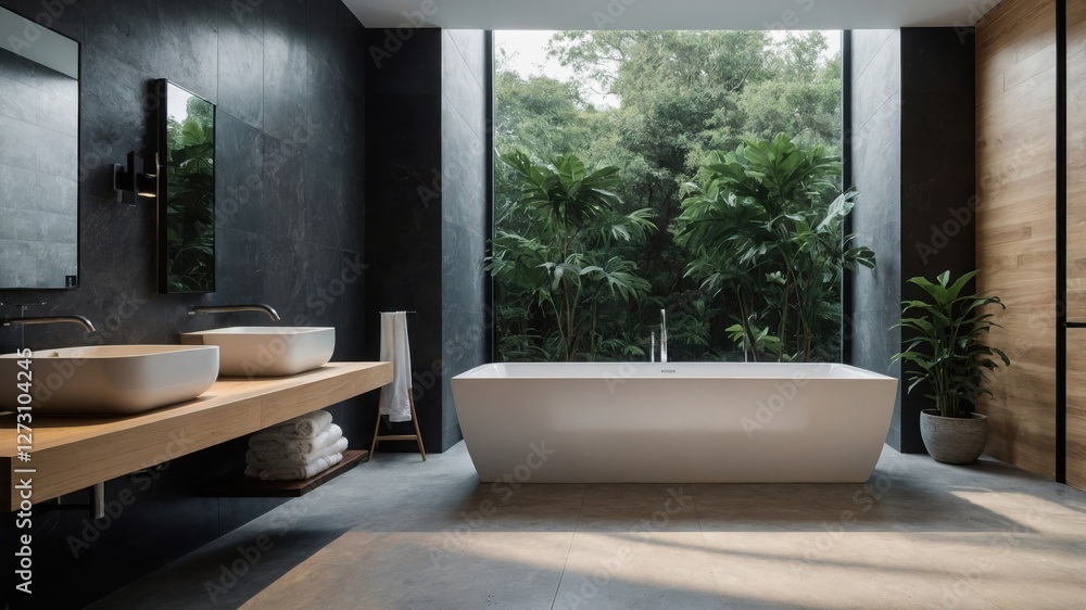 Fototapeta premium Freestanding tub offering an uninterrupted view of dense tropical foliage