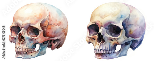 Watercolor skull illustration, artistic anatomy study, vibrant color palette, educational art, decorative design.