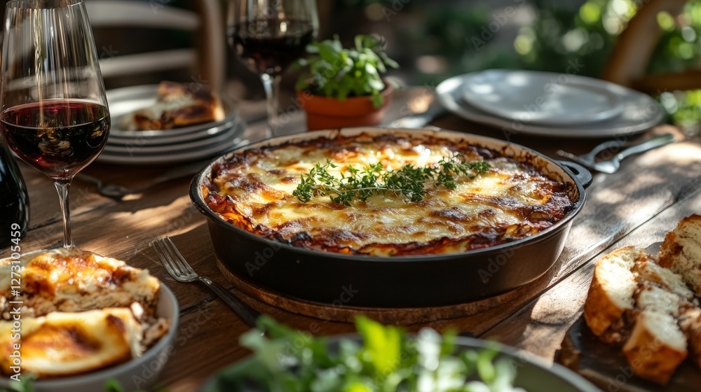 A delicious spread featuring lasagna, bread, wine, and fresh herbs on a rustic table. A delicious spread featuring lasagna, bread, wine, and fresh herbs on a rustic table.