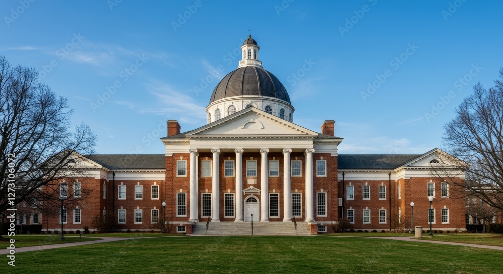 Naklejka premium Elegant Brick Building With Central Dome and Columns
