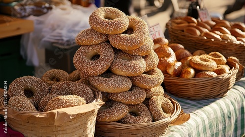 Freshly baked bagels piled high at a vibrant weekend market in the early morning light