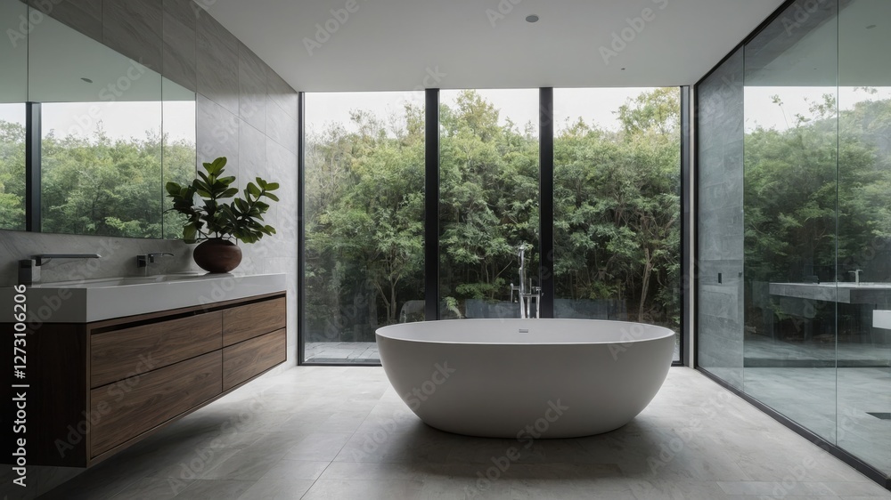 Fototapeta premium Serene bathing space blending minimalist décor and a lush outdoor scene