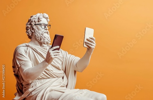 Classical Greek Statue Holding Two Smartphones on Orange Background