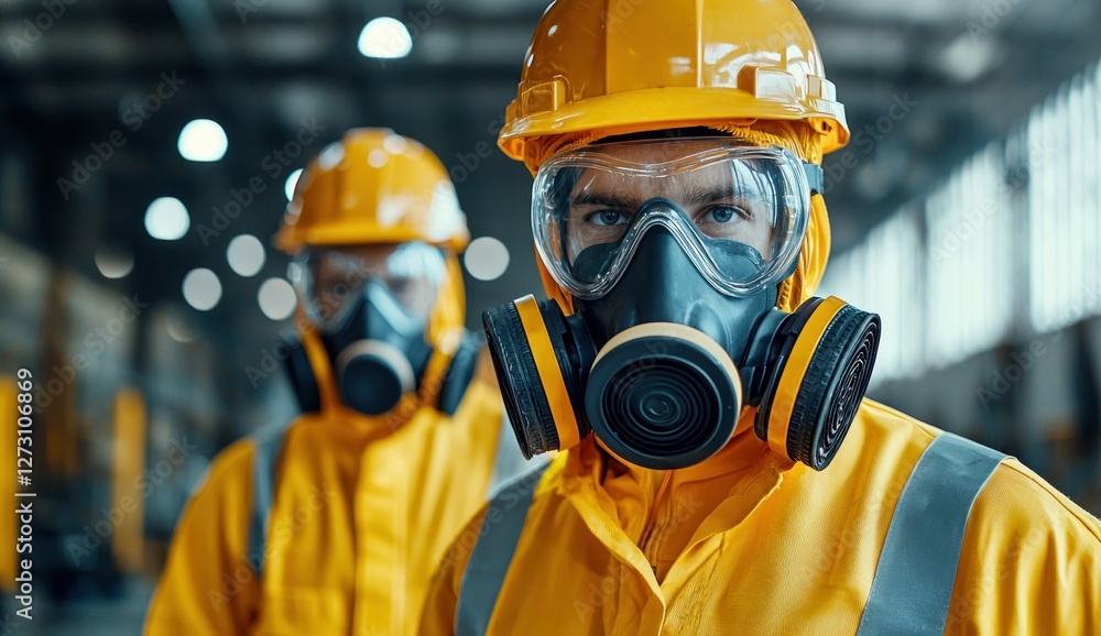 Industrial Workers Wearing Protective Gas Masks in Factory Industrial Workers Wearing Protective Gas Masks in Factory