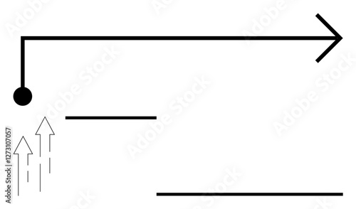 Black arrow leads horizontally with dotted origin point, short lines intersect. Two dashed upward arrows represent growth and upward momentum. Ideal for progress, goals, direction, success