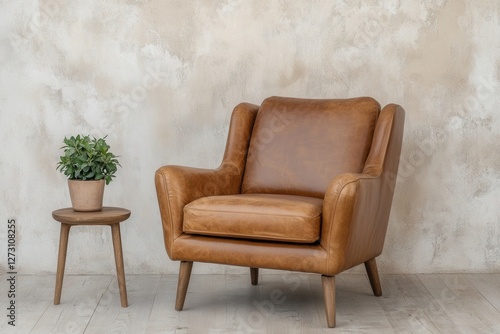 A contemporary interior featuring a tan leather armchair against a distressed concrete wall mockup, adding a rustic charm. 