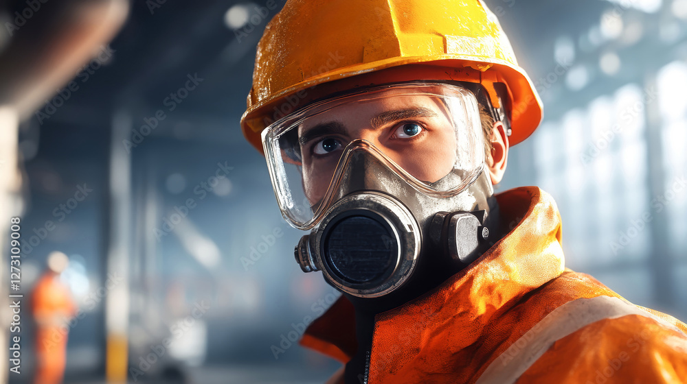 Dynamic construction worker in safety gear exploring an industrial site with a focus on realistic details and vibrant colors Dynamic construction worker in safety gear exploring an industrial site with a focus on realistic details and vibrant colors