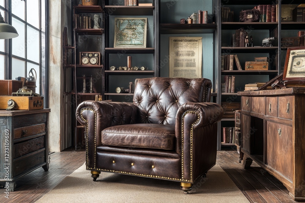 Naklejka premium Vintage Brown Leather Armchair in a Luxurious Study