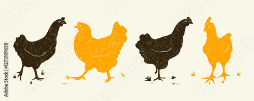 Collection of Pencil Drawing of Vintage Chickens. Grunge designs of hens with subtle grainy texture. Cartoon hand drawn birds