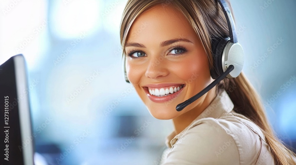 Cheerful Woman in Headset Smiling While Working at Computer Cheerful Woman in Headset Smiling While Working at Computer