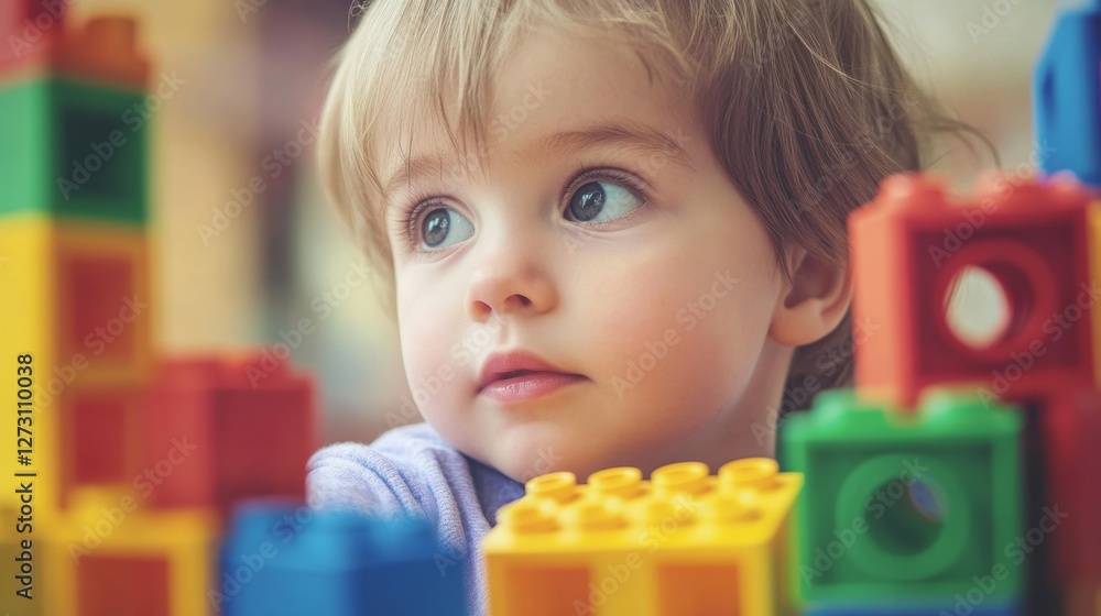 Child with Wide Eyes Wonders While Interacting with Colorful Blocks Child with Wide Eyes Wonders While Interacting with Colorful Blocks