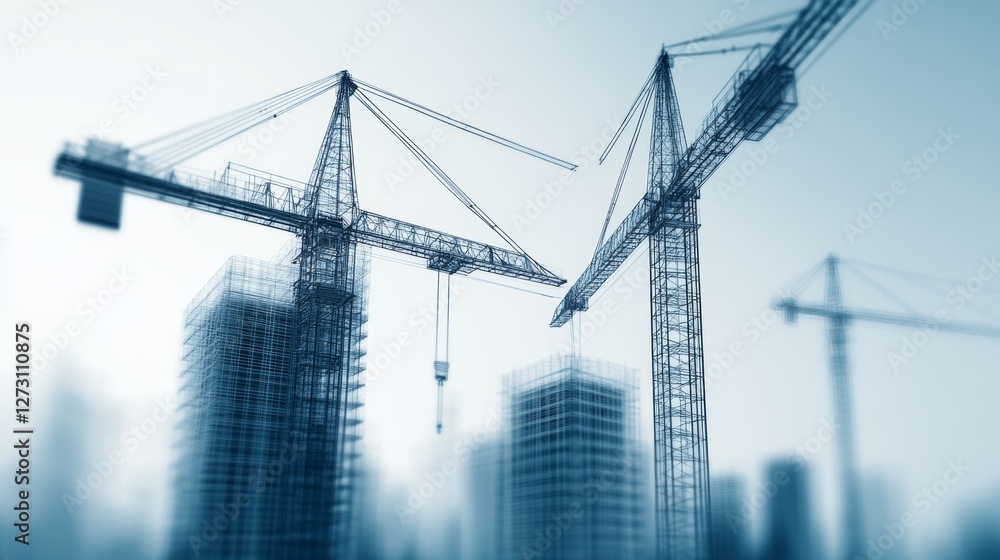 A surreal digital construction site, transparent wireframe cranes and skyscrapers floating in a cybernetic blueprint world A surreal digital construction site, transparent wireframe cranes and skyscrapers floating in a cybernetic blueprint world