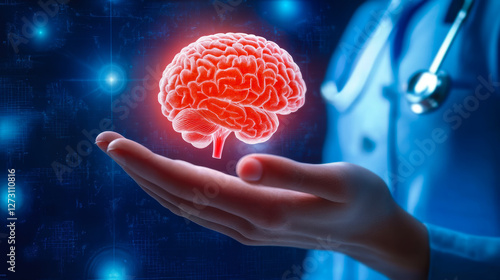 Wallpaper Mural Doctor's hand presenting a digital 3D human brain hologram on medical technology background with healthcare concept Torontodigital.ca