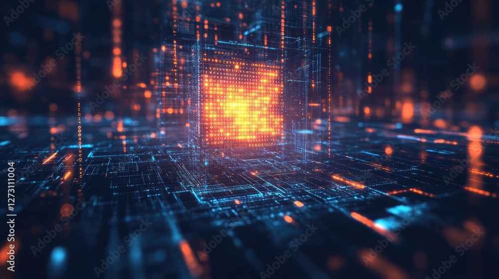 Obraz premium Abstract Digital Data Stream: Glowing Blue and Orange Code