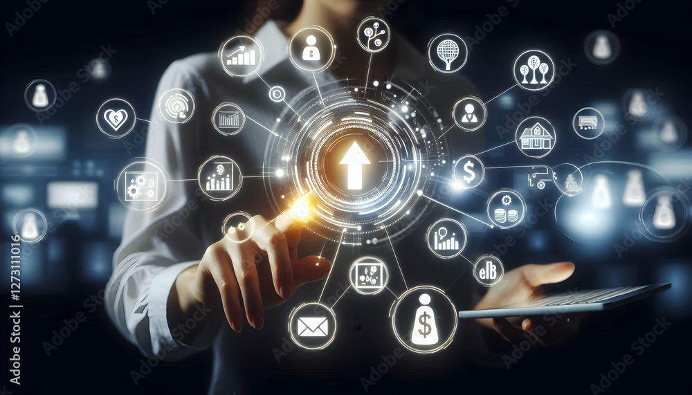 Asset A person interacts with a glowing digital interface, surrounded by icons representing different asset categories, such as real estate, investments, and finances Asset A person interacts with a glowing digital interface, surrounded by icons representing different asset categories, such as real estate, investments, and finances
