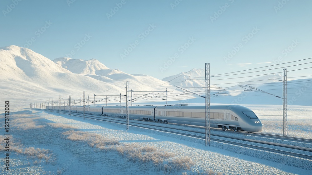 High-speed train on snowy mountain landscape. High-speed train on snowy mountain landscape.