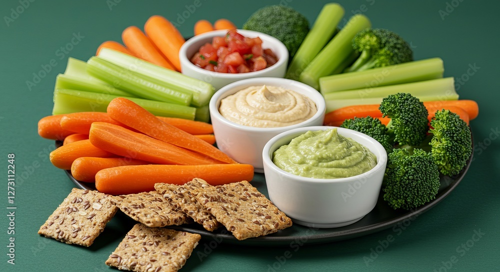 Fresh vegetable platter with dips and crackers on green background Fresh vegetable platter with dips and crackers on green background