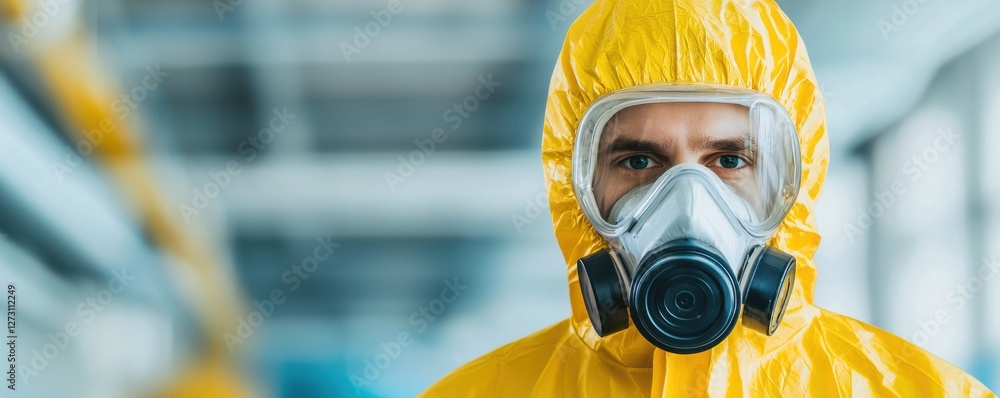 Person in Protective Suit and Gas Mask for Hazardous Environment Safety Precautions and Emergency Response Person in Protective Suit and Gas Mask for Hazardous Environment Safety Precautions and Emergency Response