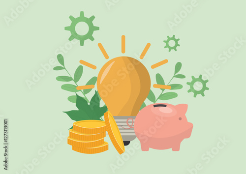 Energy Efficiency Savings Green Investment Concept. energy savings, financial benefits of sustainability, and eco-friendly technological solutions. Energy efficiency. Flat style. Vector illustration