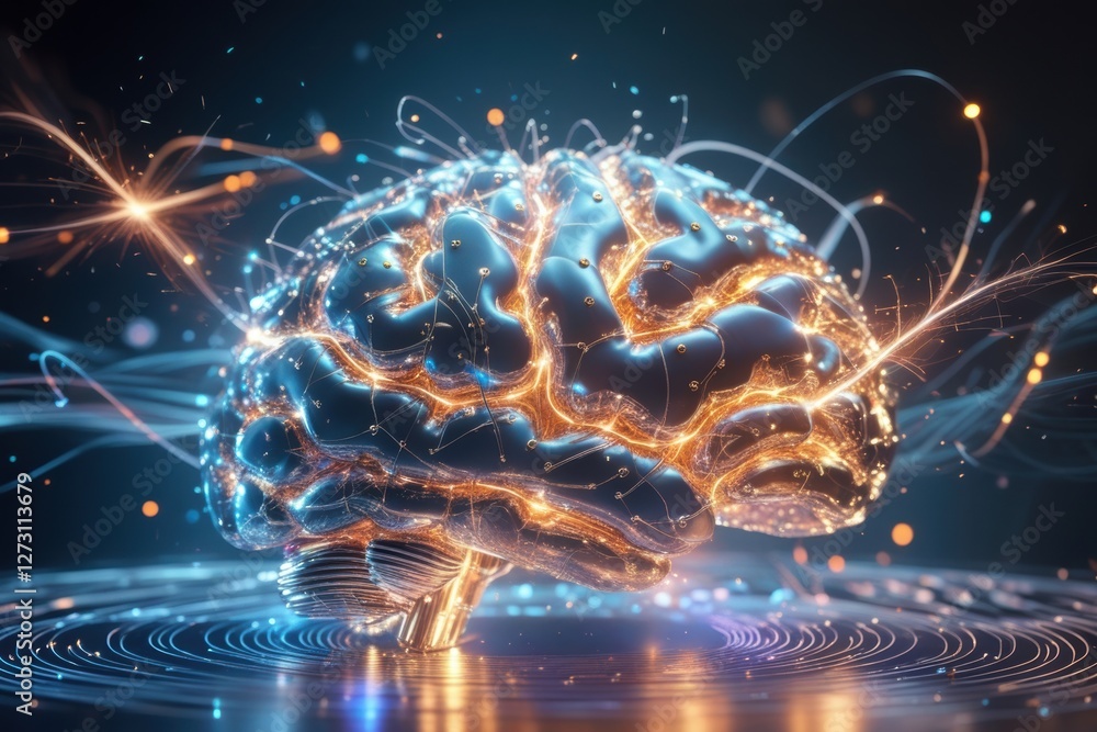 A glowing AI brain with silver-gold wiring and electric sparks in an iridescent aura. A glowing AI brain with silver-gold wiring and electric sparks in an iridescent aura.
