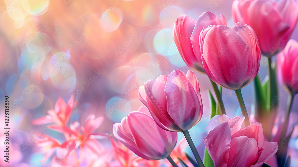Obraz premium Soft pink tulips bloom in a dreamy, pastel-colored setting with a gentle bokeh effect in the background. The delicate petals and vibrant green stems create a serene and romantic spring atmosphere.