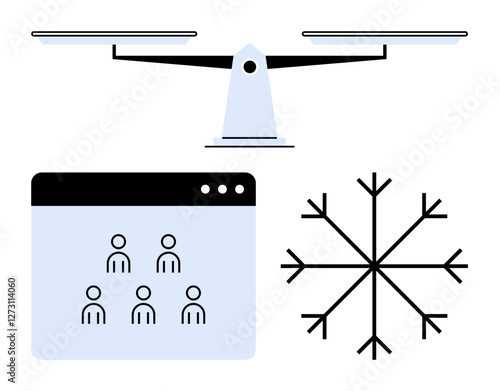 Balance scale, snowflake, and user interface symbolizing fairness, diversity, collaboration, and structure. Ideal for equality, analysis, governance teamwork optimization systems abstract line
