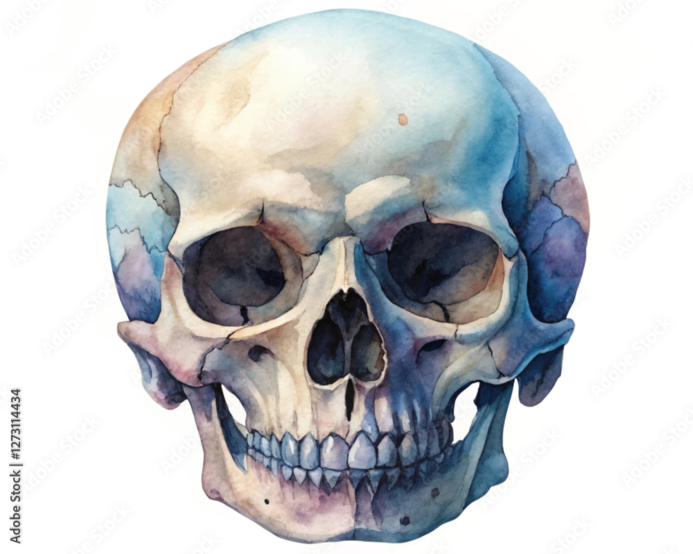 Obraz premium Watercolor skull illustration, artistic style, vibrant colors, medical anatomy, educational purposes, decorative art.