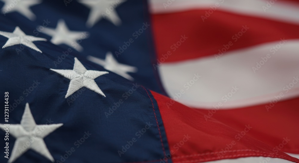 Fototapeta premium The American flag displays vivid red and blue colors, intricate stitching, and bright white stars