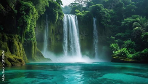 A majestic waterfall plunges 30 feet from a mossy cliff into a turquoise river.