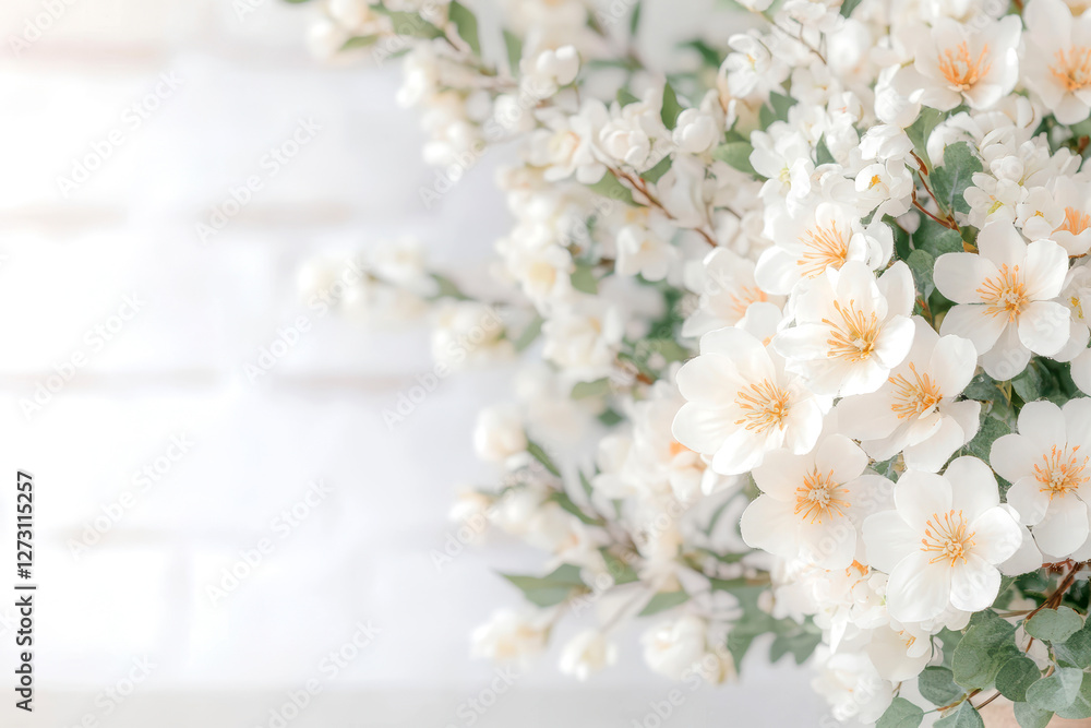 Fototapeta premium Elegant white jasmine blossoms on lush green foliage representing purity and serenity in minimalistic natural setting