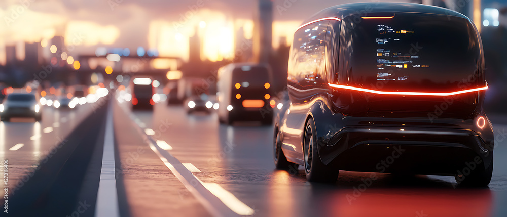 Fototapeta premium Hightech autonomous freight trucks cruising at sunset on urban highways futuristic transport environment in cityscape