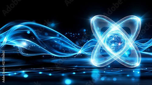 Futuristic abstract energy concept with glowing atomic structure and dynamic waves. Banner concept for scientific design for the world quantum day