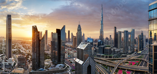 Dubai skyline at sunset with Burj Khalifa - aerial view, United Arab Emirates