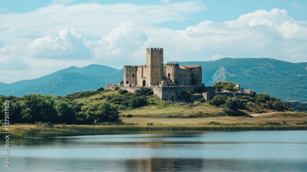 Medieval Castle by the Lake under a Summer Sky Medieval Castle by the Lake under a Summer Sky