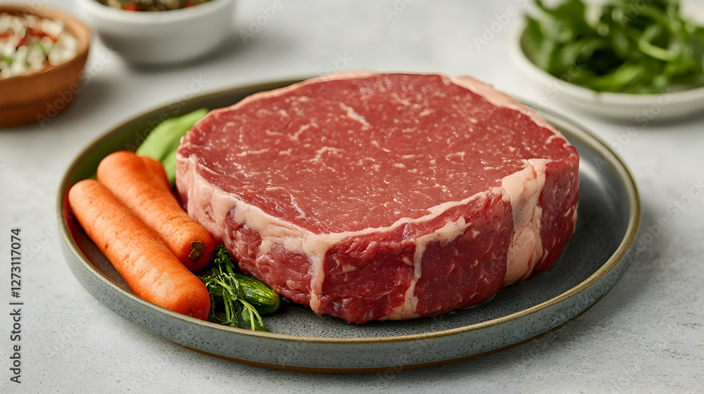 Fresh Beef Steak with Carrots and Greens on Gray Background Fresh Beef Steak with Carrots and Greens on Gray Background
