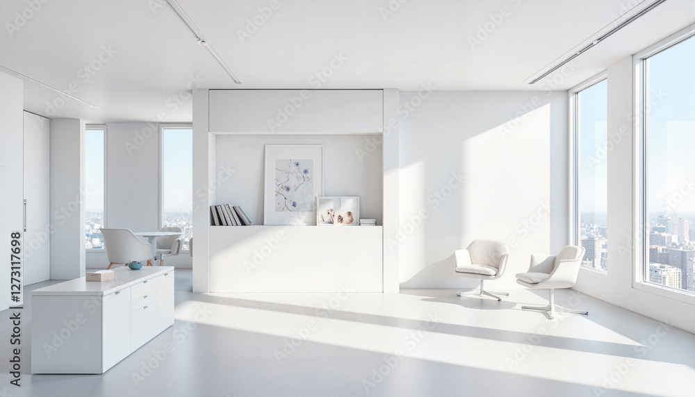 Fototapeta premium Modern luxury office interior with sleek white furniture, minimalist design