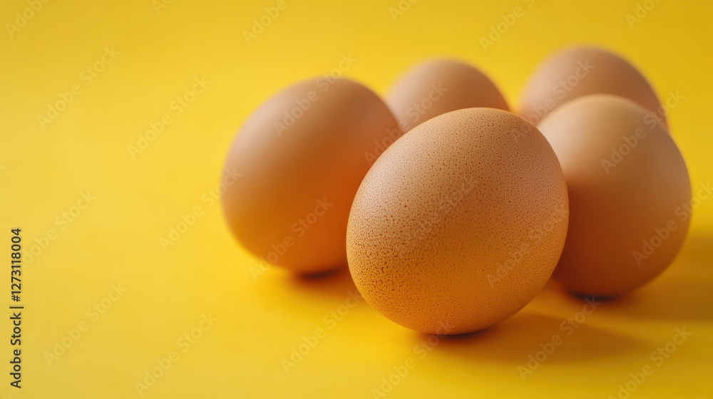 Beautiful fresh brown chicken eggs on yellow background with copy space. Beautiful fresh brown chicken eggs on yellow background with copy space.
