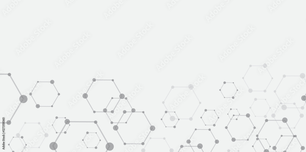 Fototapeta premium Molecular structure abstract tech background. Geometric white background. Vector banner design with hexagons. Science network pattern, connecting lines and dots Medical background, Vector illustration