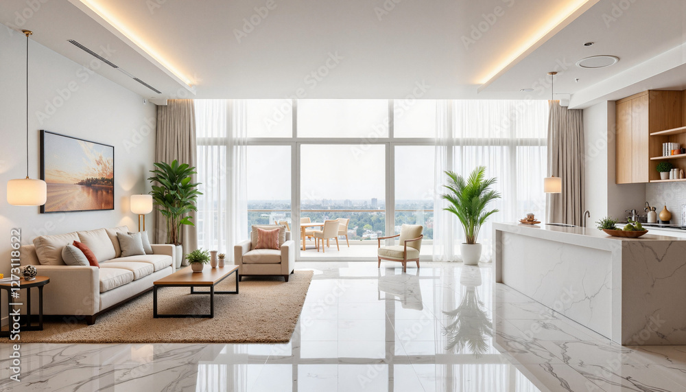 Fototapeta premium Modern hotel lobby with bright natural light and stylish furniture, luxury aesthetic