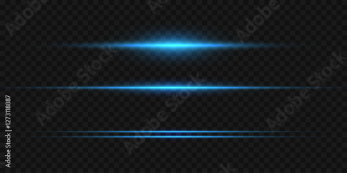 Set of glowing light effects. Horizontal neon laser beams. On a transparent background.